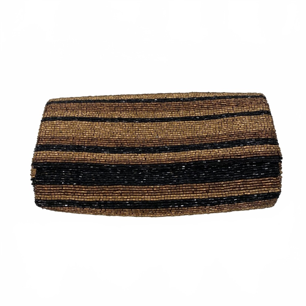 Moyna Brown Silk Beaded Striped Clutch | OS Regular